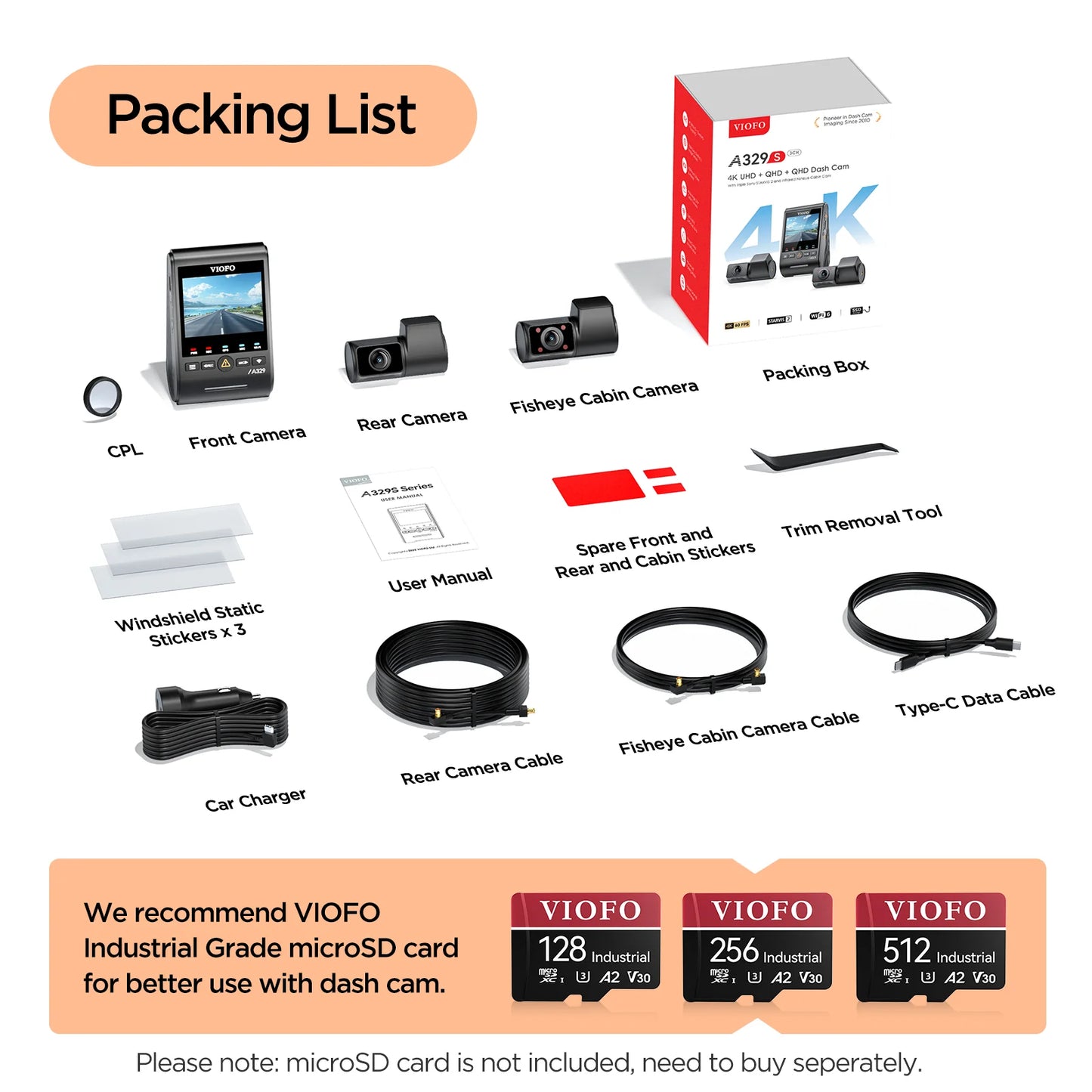 Viofo A329S 4K+2K Fisheye Lens+2K 3ch + HK6 Hardwire Kit Package