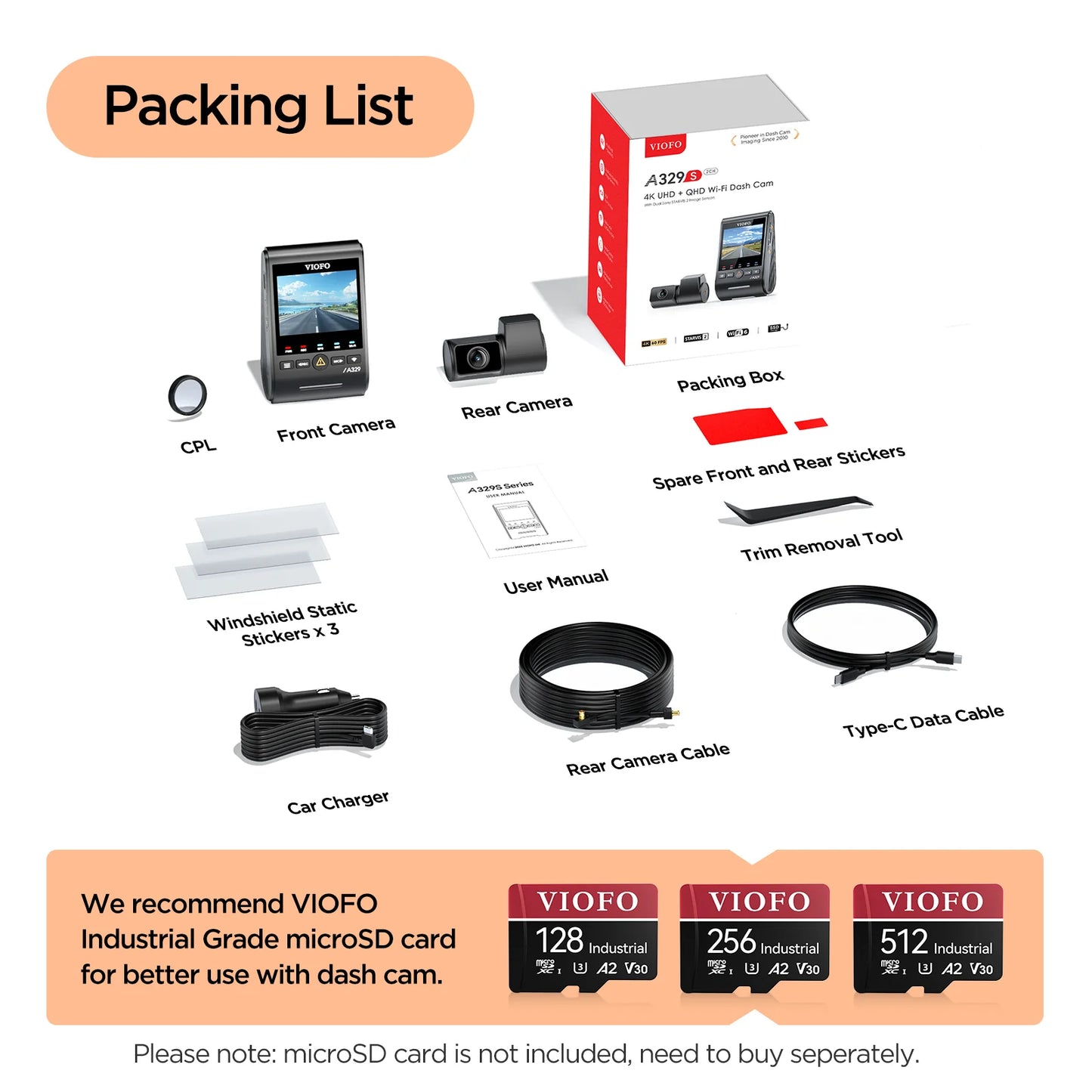 Viofo A329S 4K+2K 60FPS 2ch + HK4 Hardwire Kit Package
