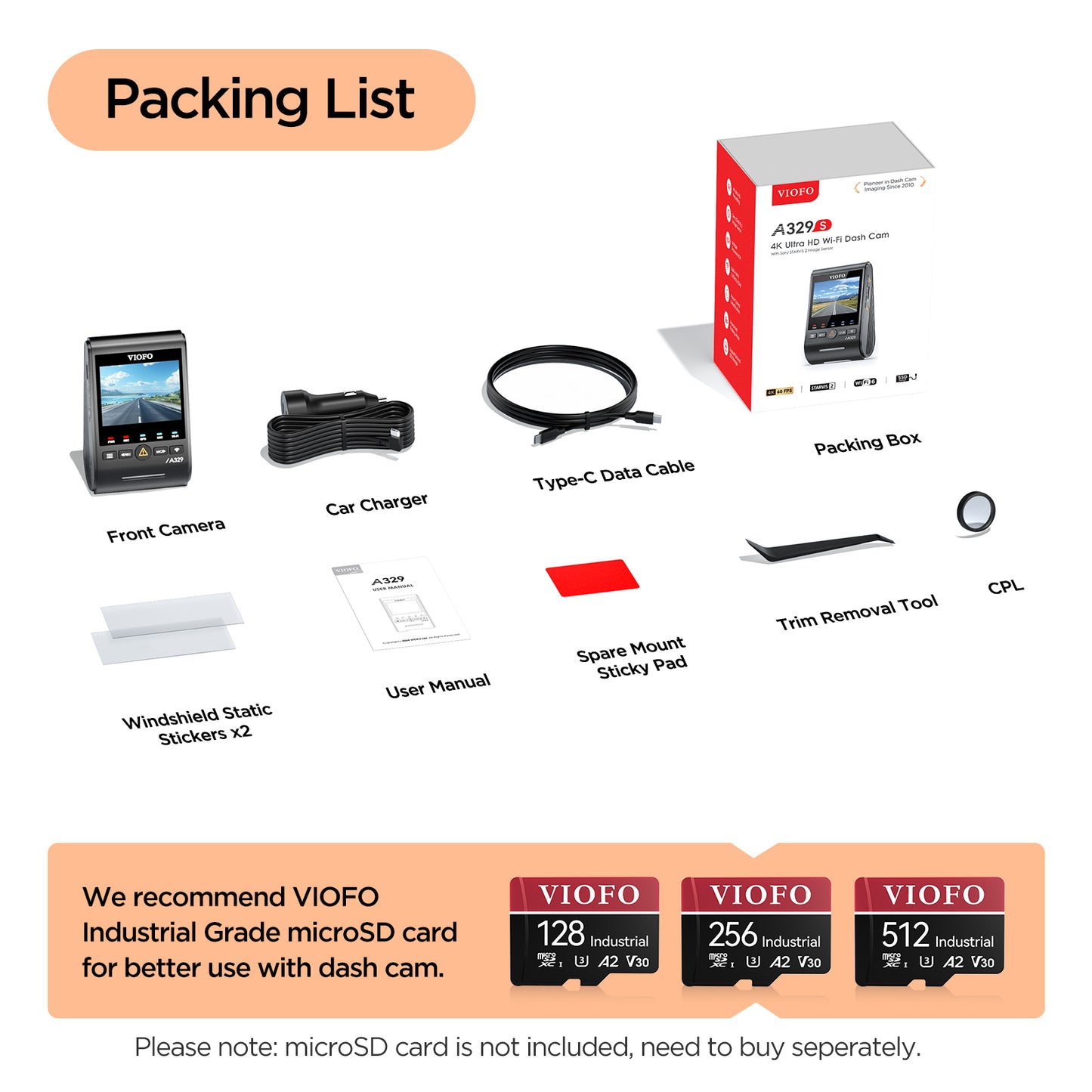 Viofo A329S 4K 60FPS 1ch + HK4 Hardwire Kit + 64GB MLC Package