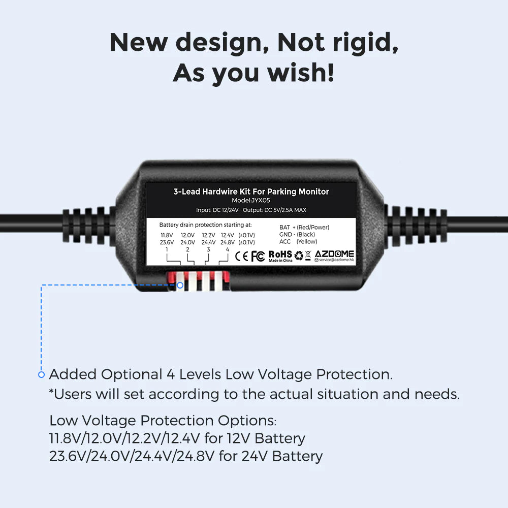 Azdome Dashcam JYX05 Hardwire Parking Mode Power Cable Kit (Fits: M300S, M580)