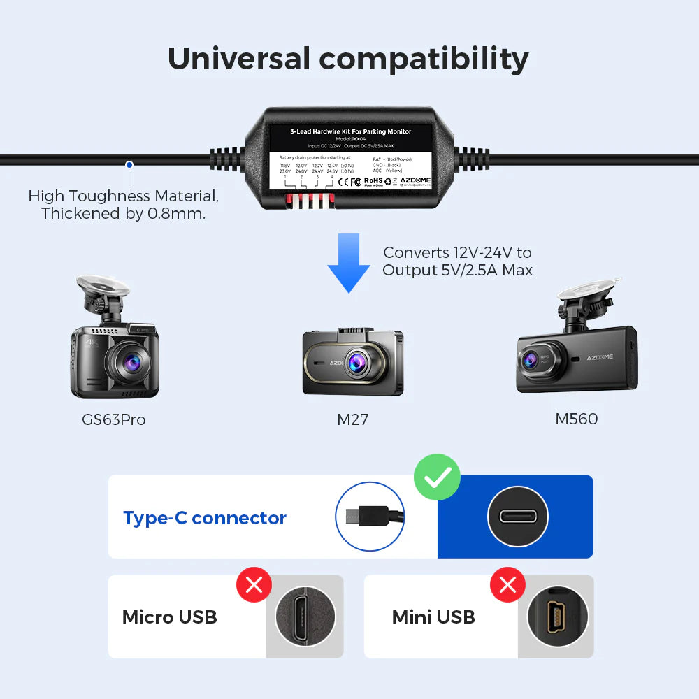 Azdome Dashcam JYX05 Hardwire Parking Mode Power Cable Kit (Fits: M300S, M580)