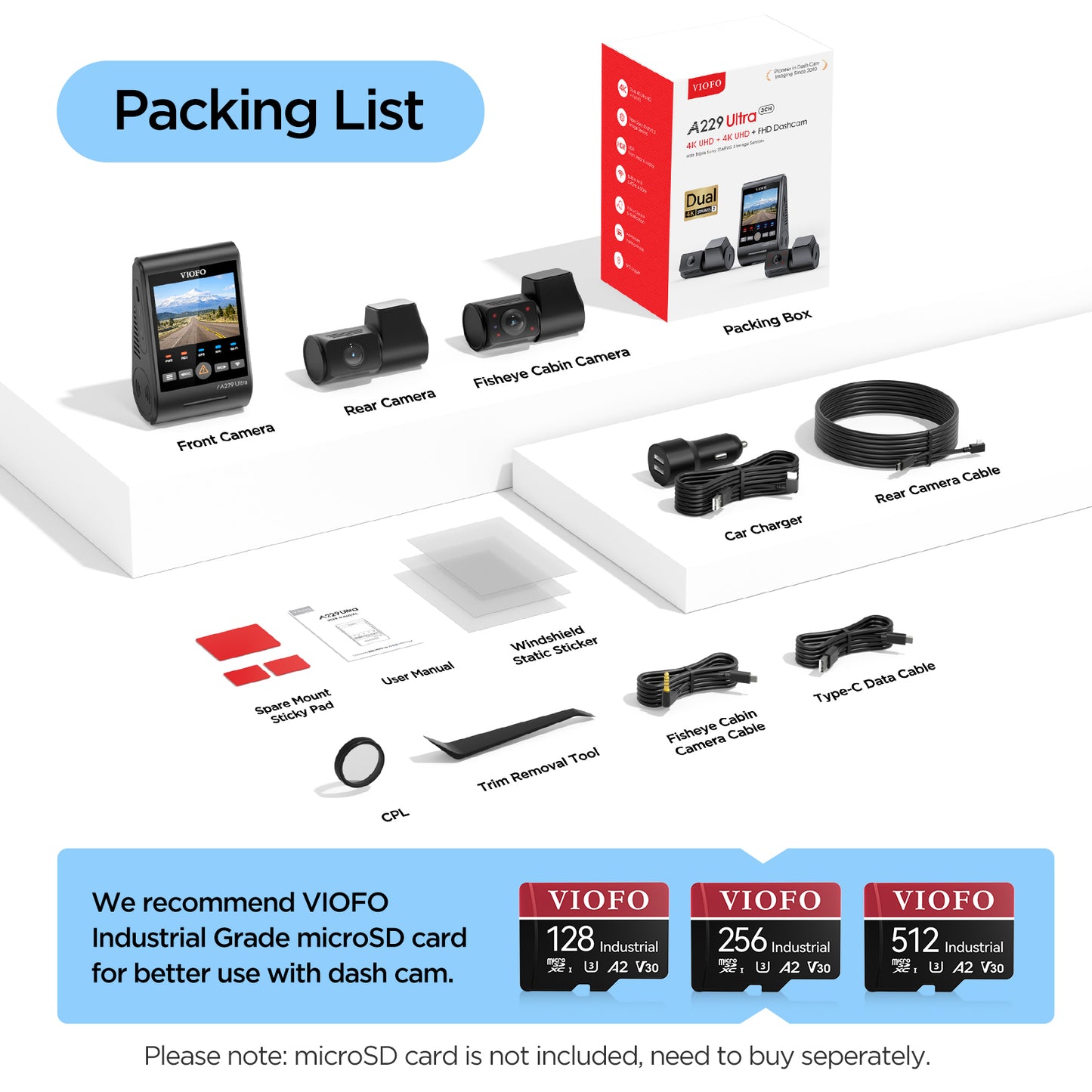 [Express] Viofo A229 Ultra 4K+4K+1K + HK4 Hardwire Kit + 32GB MLC Package