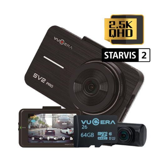 [Install Pack] Vugera SV2 Pro 2.5K Front Sony STARVIS 2 IMX675 Sensor + 1080p Rear + High Endurance 64GB 3-Year Warranty No Wi-Fi App Needed Plug & Play One Touch Ultra-Low Power Impact Parking Mode
