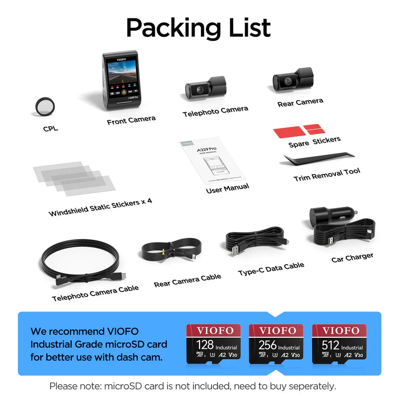 [NEW] Viofo A229 Pro-TELE 4K+2K+1080p 3ch + HK4 Hardwire Kit + 128GB MLC micro-SD Card Package